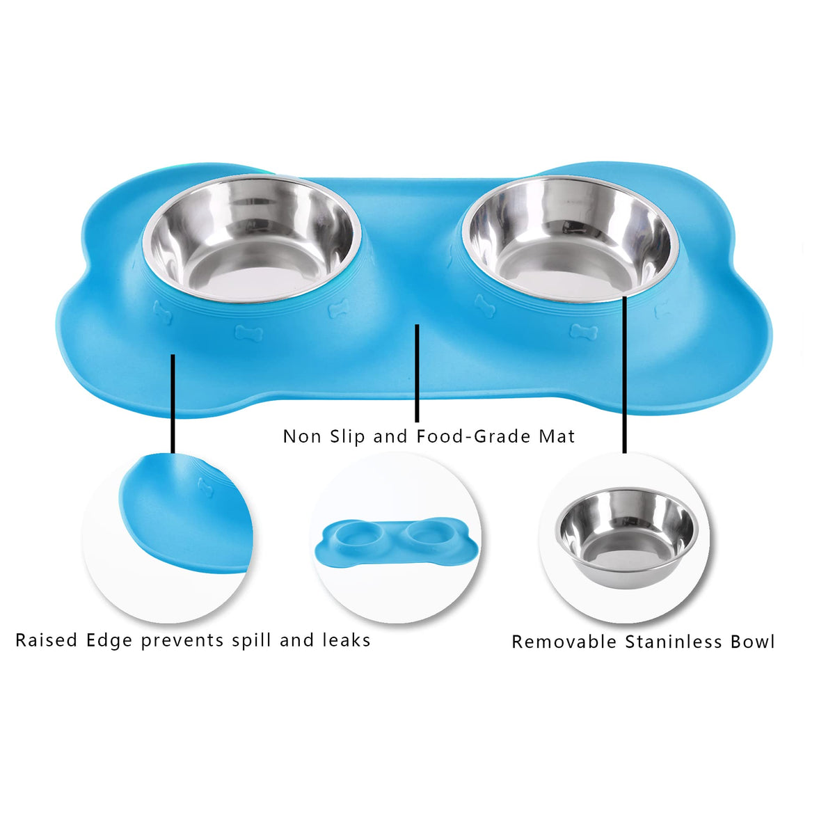 2 Stainless Steel Dog Bowls with Non-Skid Mat and Scoop N319
