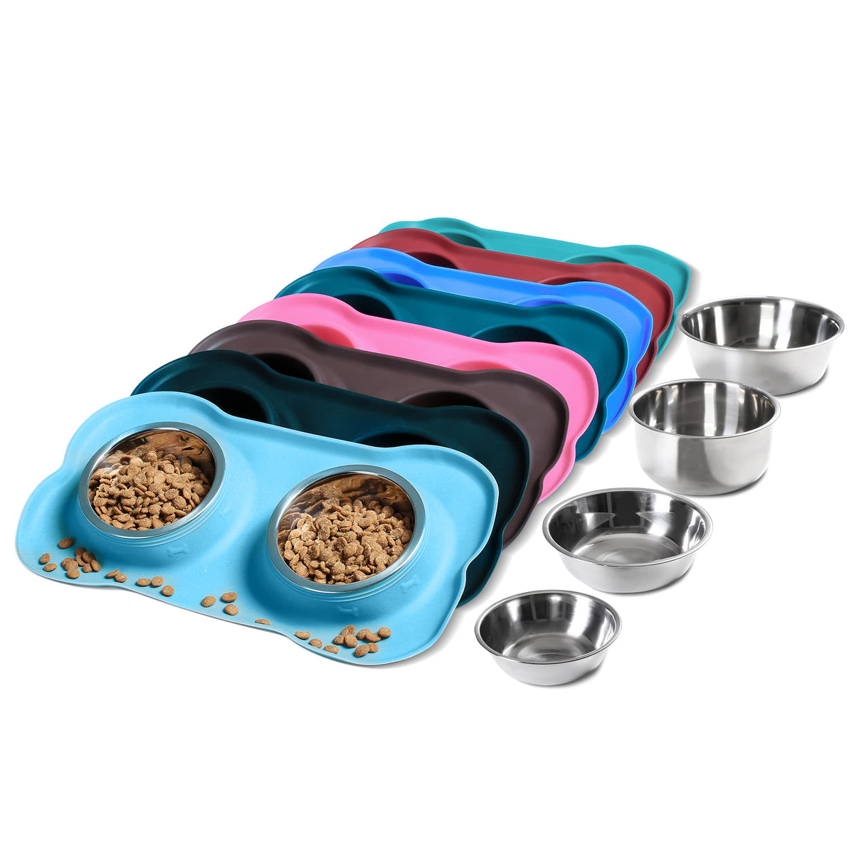 2 Stainless Steel Dog Bowls with Non-Skid Mat and Scoop N319