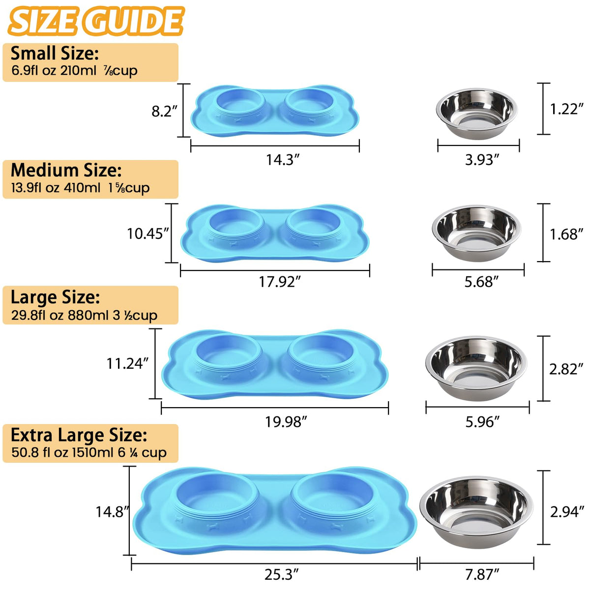 2 Stainless Steel Dog Bowls with Non-Skid Mat and Scoop N319