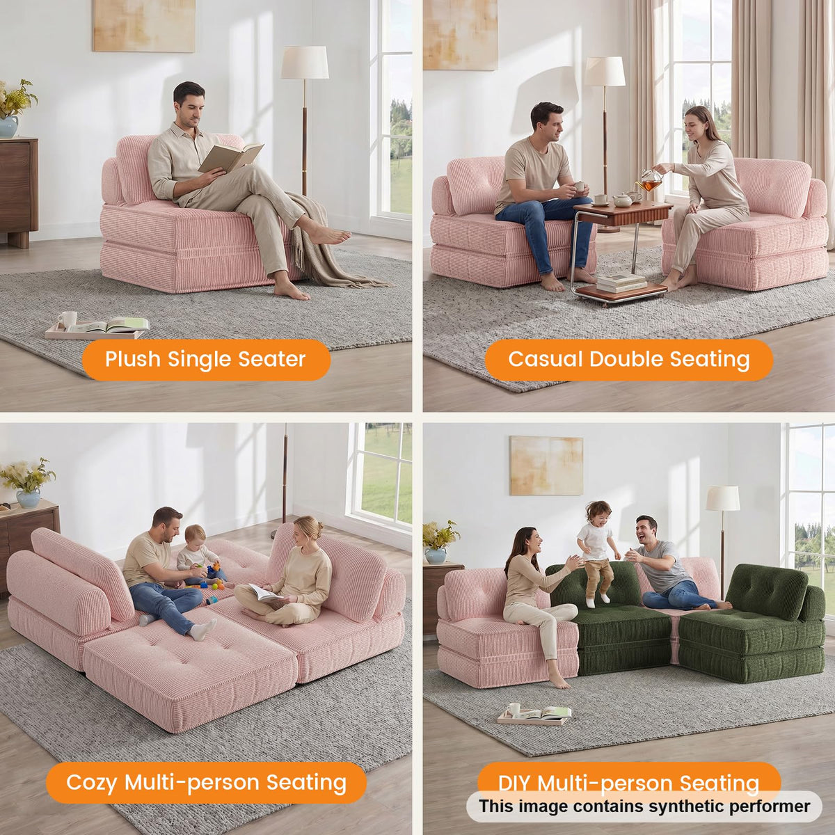 Pink Corduroy 3-in-1 Folding Sofa Bed with Memory Foam W167878