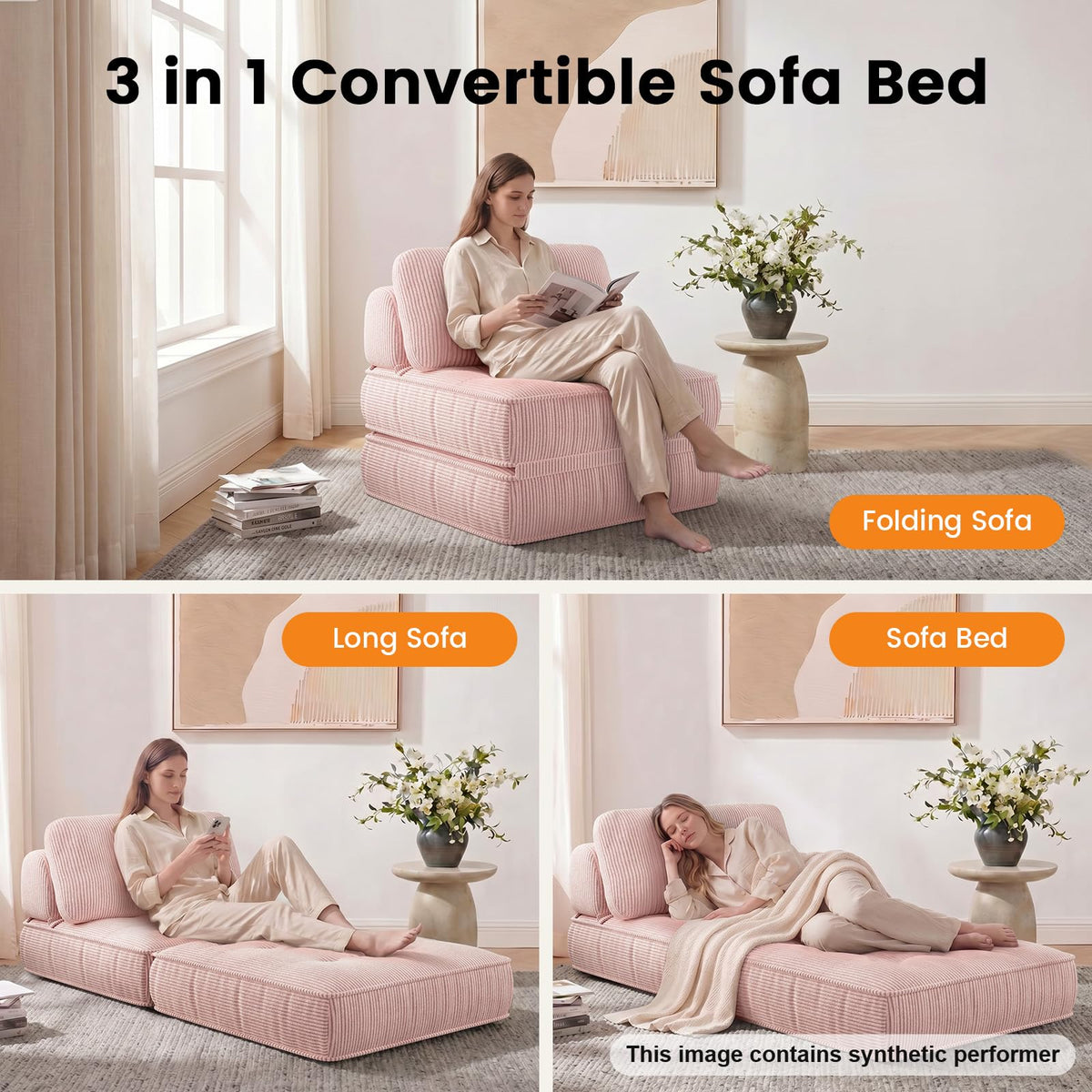 Pink Corduroy 3-in-1 Folding Sofa Bed with Memory Foam W167878