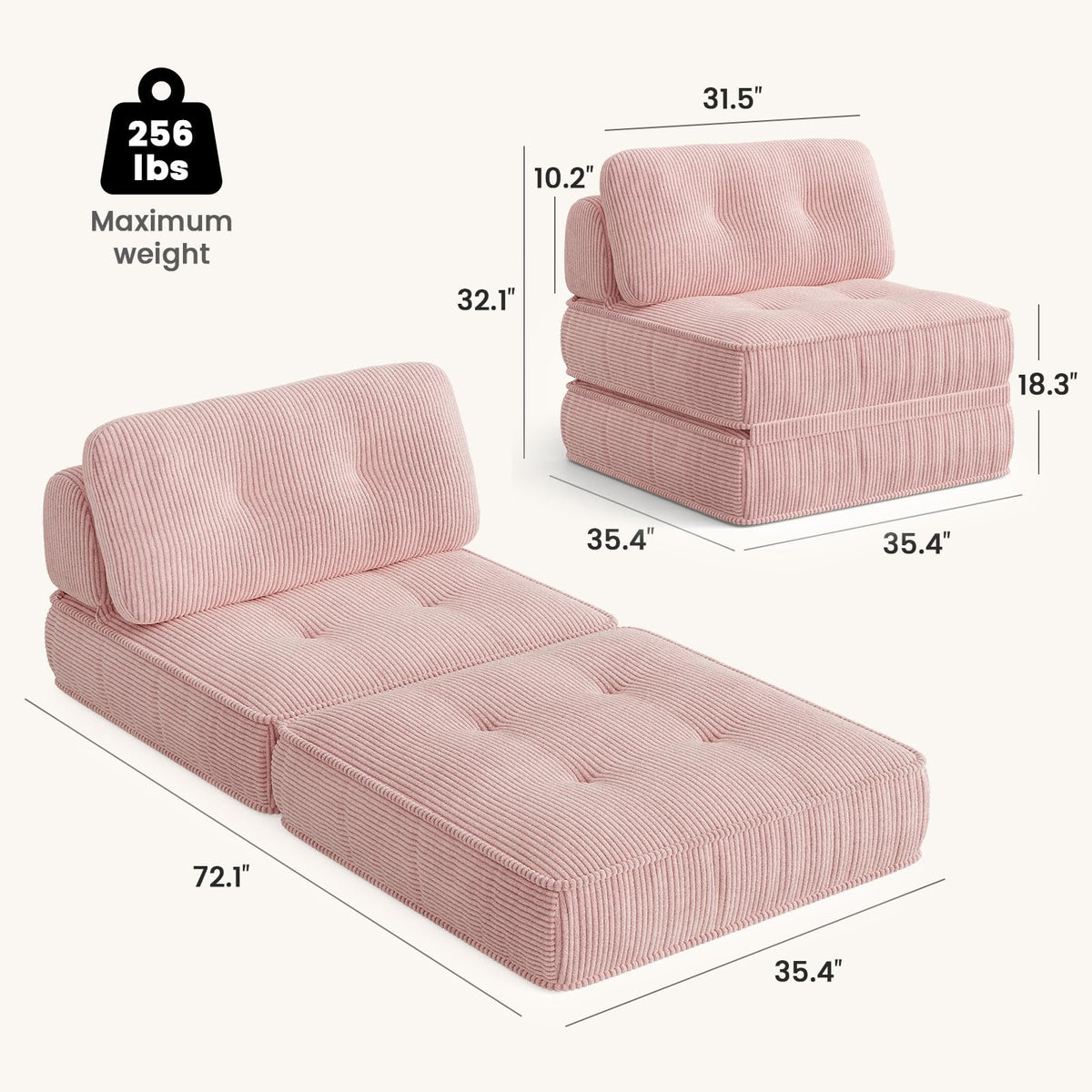 Pink Corduroy 3-in-1 Folding Sofa Bed with Memory Foam W167878