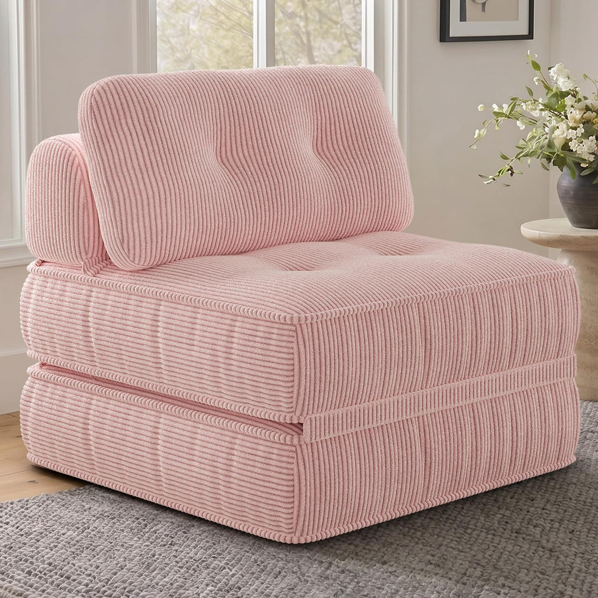 Pink Corduroy 3-in-1 Folding Sofa Bed with Memory Foam W167878