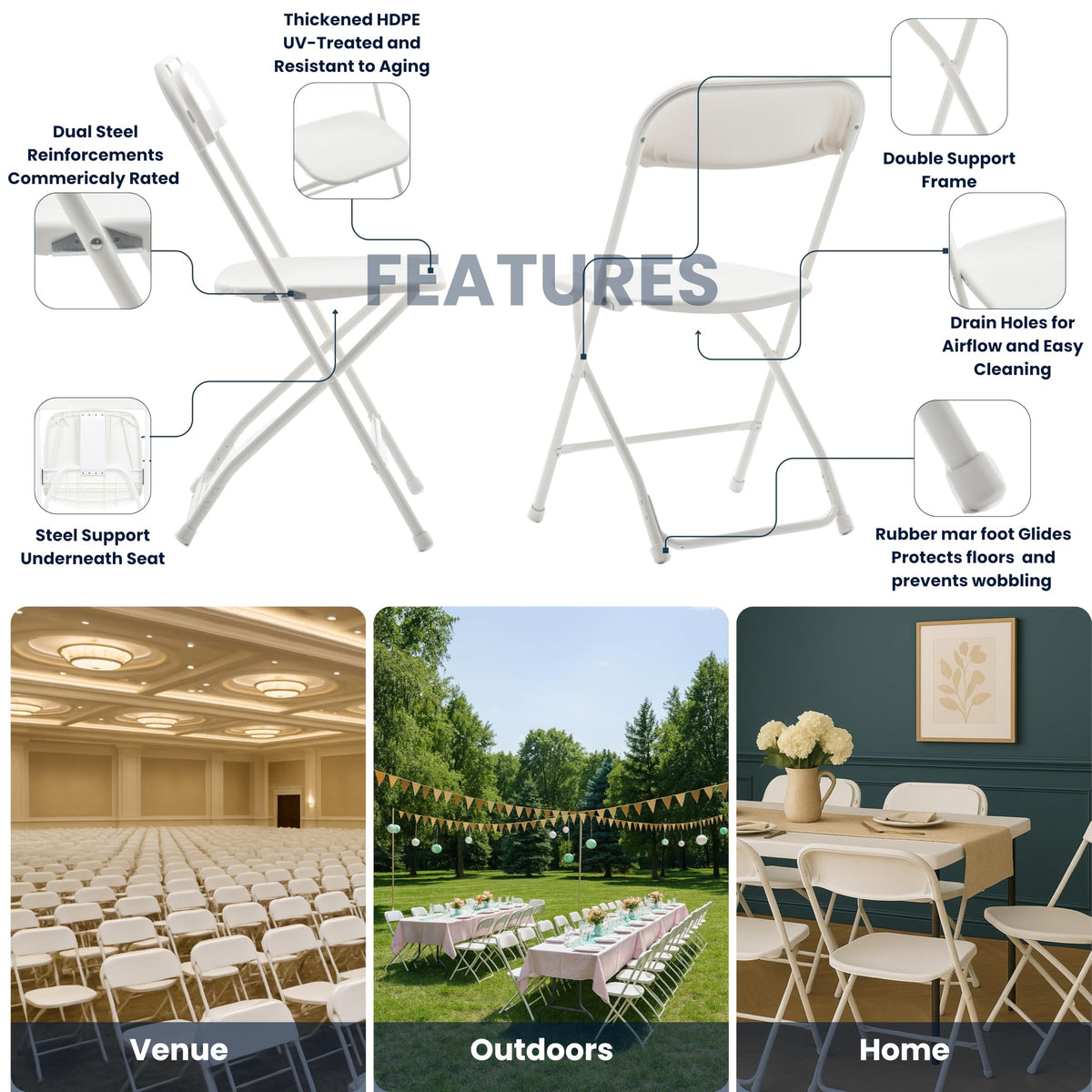 White Plastic Folding Chairs Set of 10 Steel Frame U58638